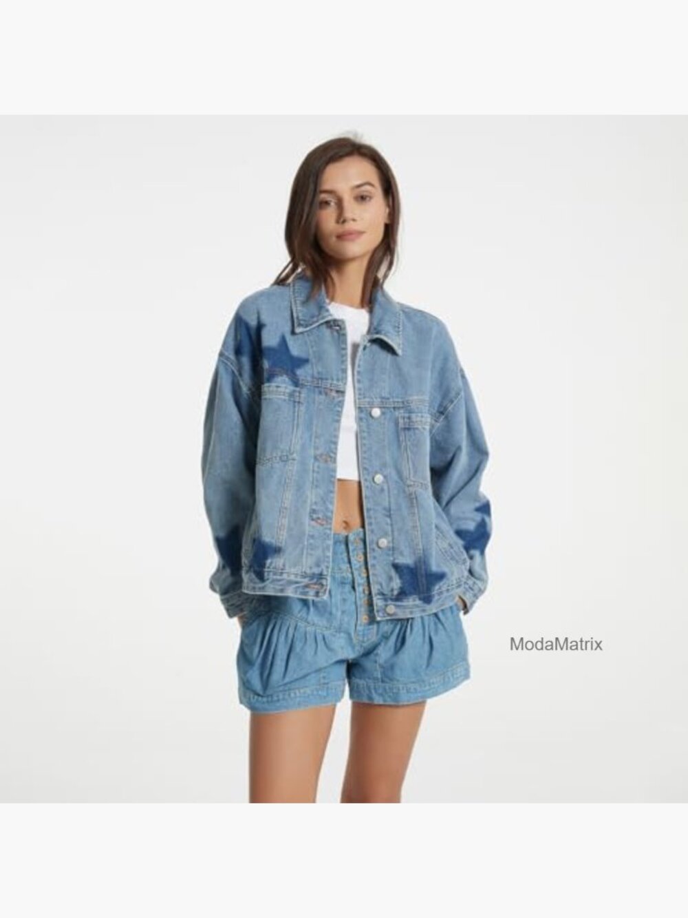 Oversized Boyfriend Denim Jacket with Leopard Stars Print Button Front Pockets - Picture 3 of 7